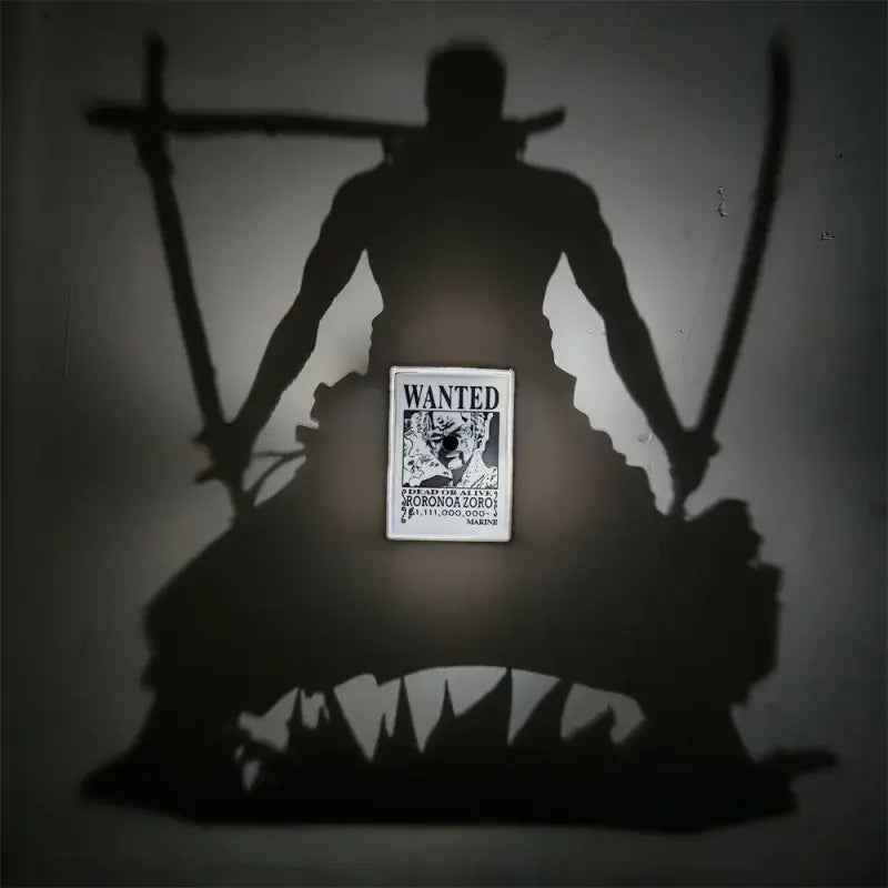 A black-and-white wanted poster of roronoa zoro featured in the one piece luffy shadow light projector 3d led lamp