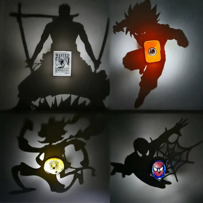 Orange rectangular light projector with black kanji mounted in leaping anime silhouette for one piece luffy shadow light projector