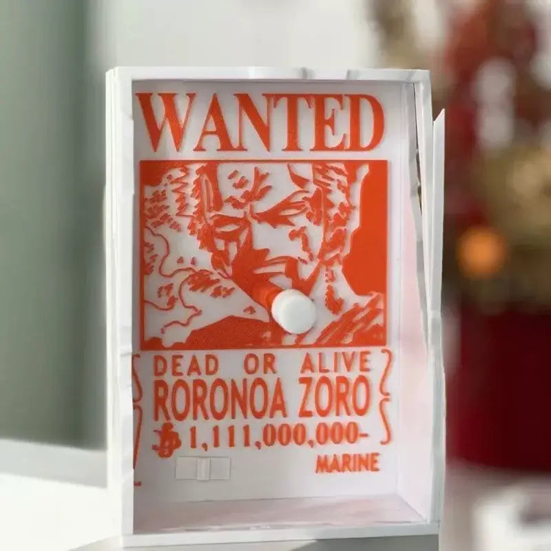 White-framed orange and white roronoa zoro wanted poster paper cutout in one piece luffy shadow light projector 3d led lamp