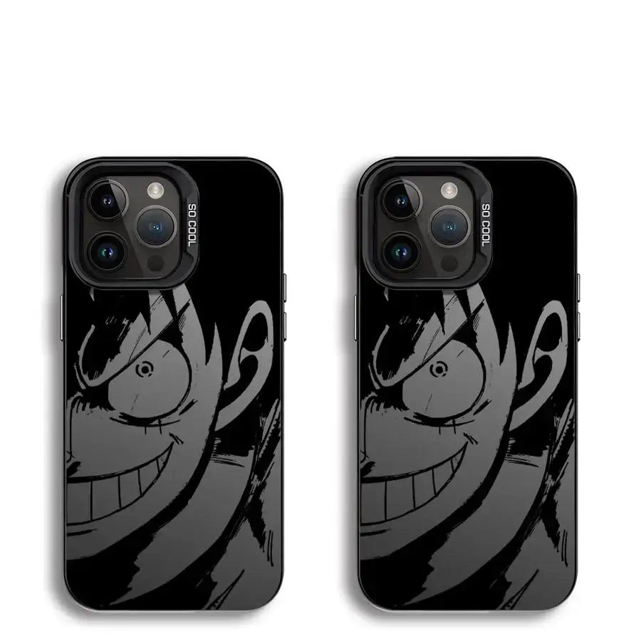 Black shockproof piece luffy silicone phone case featuring grayscale illustration of monkey d luffy on back side