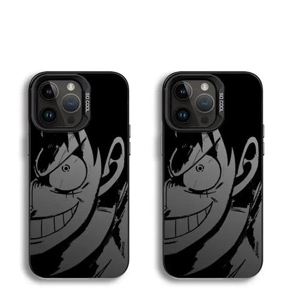 Black shockproof piece luffy silicone phone case featuring grayscale illustration of monkey d luffy on back side