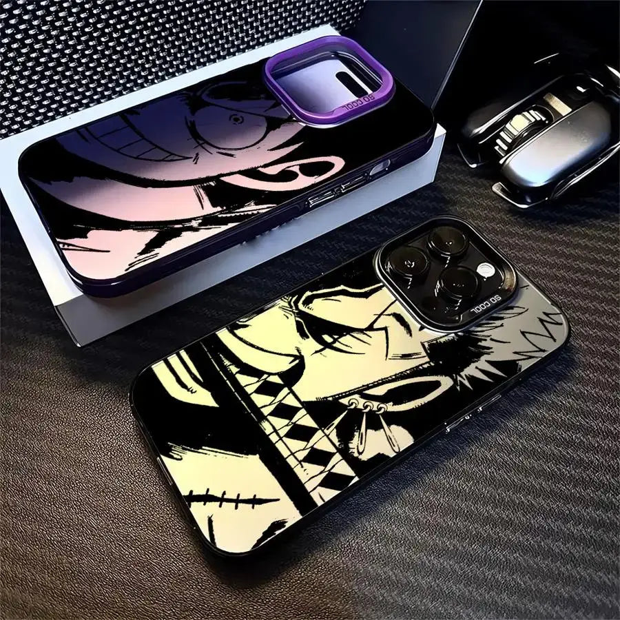 Black piece luffy silicone phone case with bold white and yellow anime design shockproof shell back side view