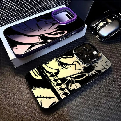 Black piece luffy silicone phone case with bold white and yellow anime design shockproof shell back side view
