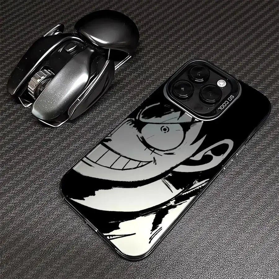Black glossy one piece luffy silicone phone case featuring bold black and white monkey d illustration on back side