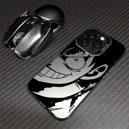 Black glossy one piece luffy silicone phone case featuring bold black and white monkey d illustration on back side