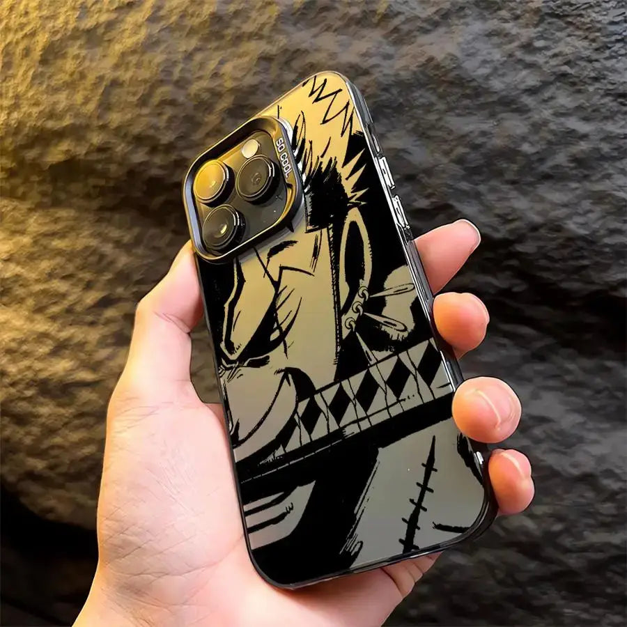Black and gold piece luffy silicone phone case with stylized character design and diamond patterns shockproof shell back side