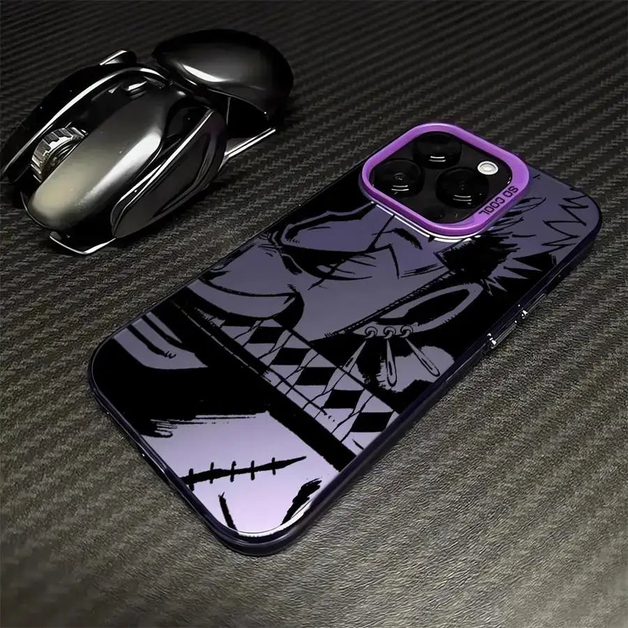 Back side of a purple-framed piece luffy silicone phone case with a glossy black and purple anime character design