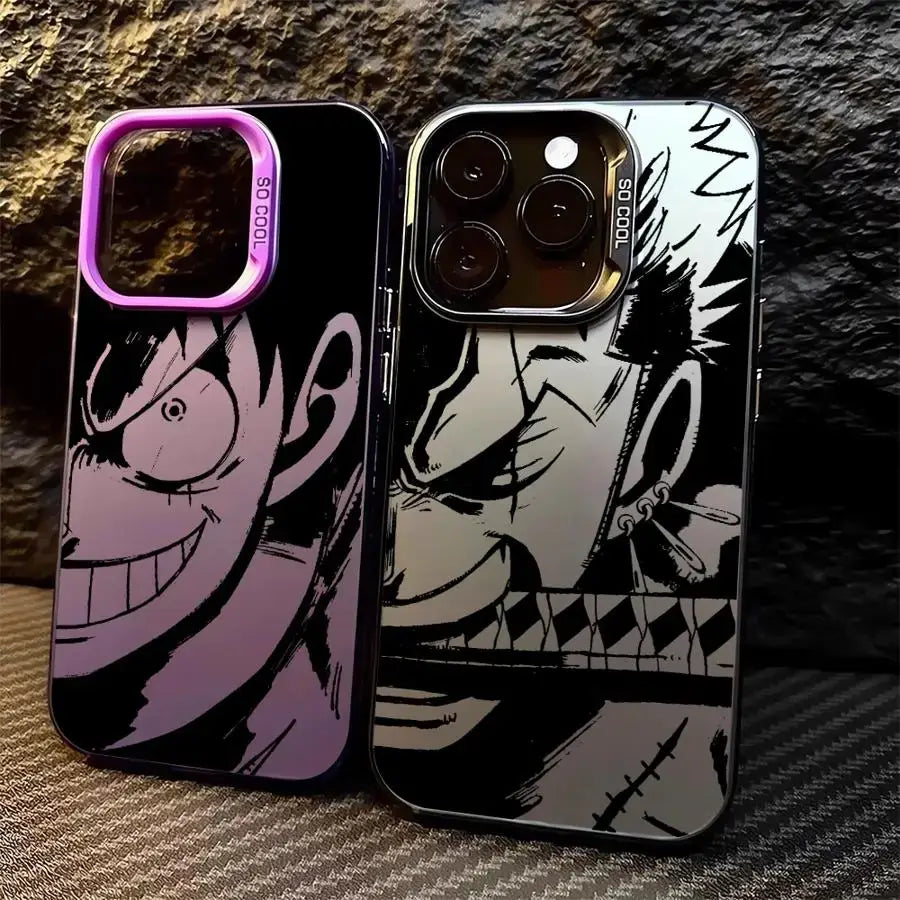 Two one piece luffy silicone phone cases with shockproof shell featuring black and white comic art and purple or silver accents