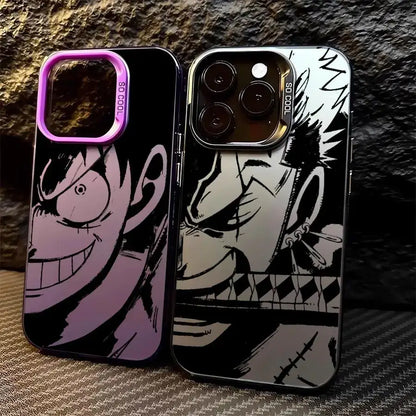 Two one piece luffy silicone phone cases with shockproof shell featuring black and white comic art and purple or silver accents