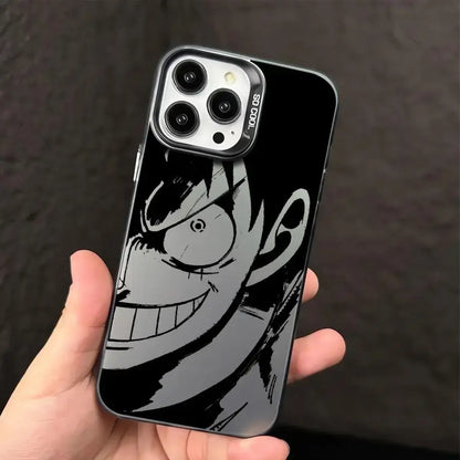 Black and gray one piece luffy silicone phone case with stylized luffy portrait shockproof shell back view