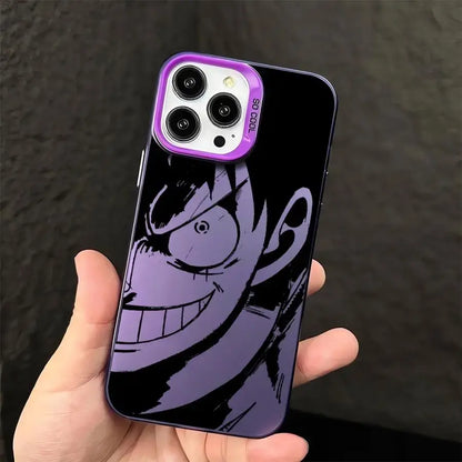 Purple gradient one piece luffy silicone phone case with stylized anime character design and shockproof shell back view