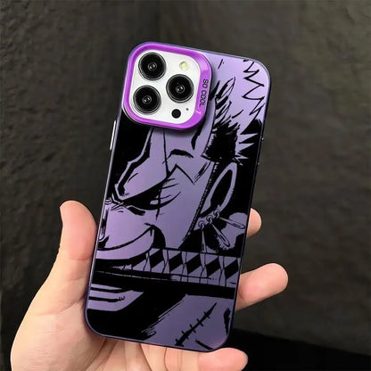 Back view of purple and black piece luffy silicone phone case with stylized character design shockproof shell