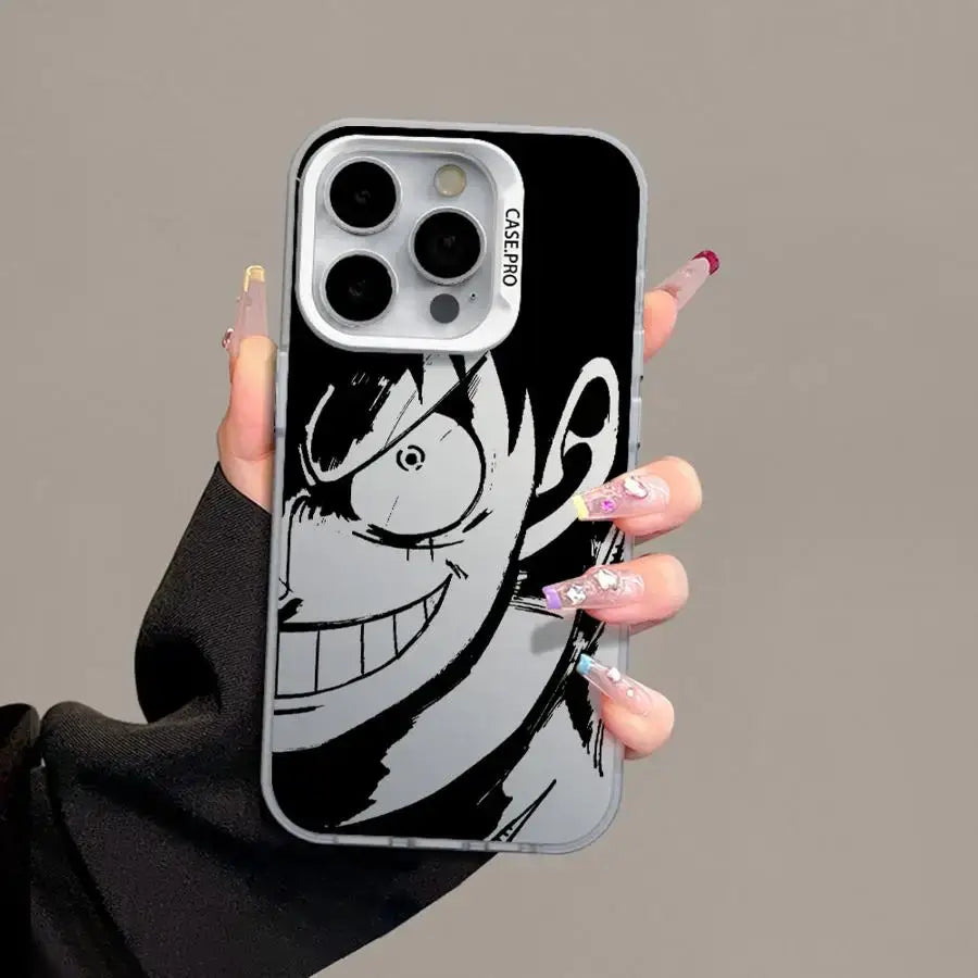 Black and white anime themed one piece luffy silicone phone case with shockproof shell and stylized monkey d luffy illustration