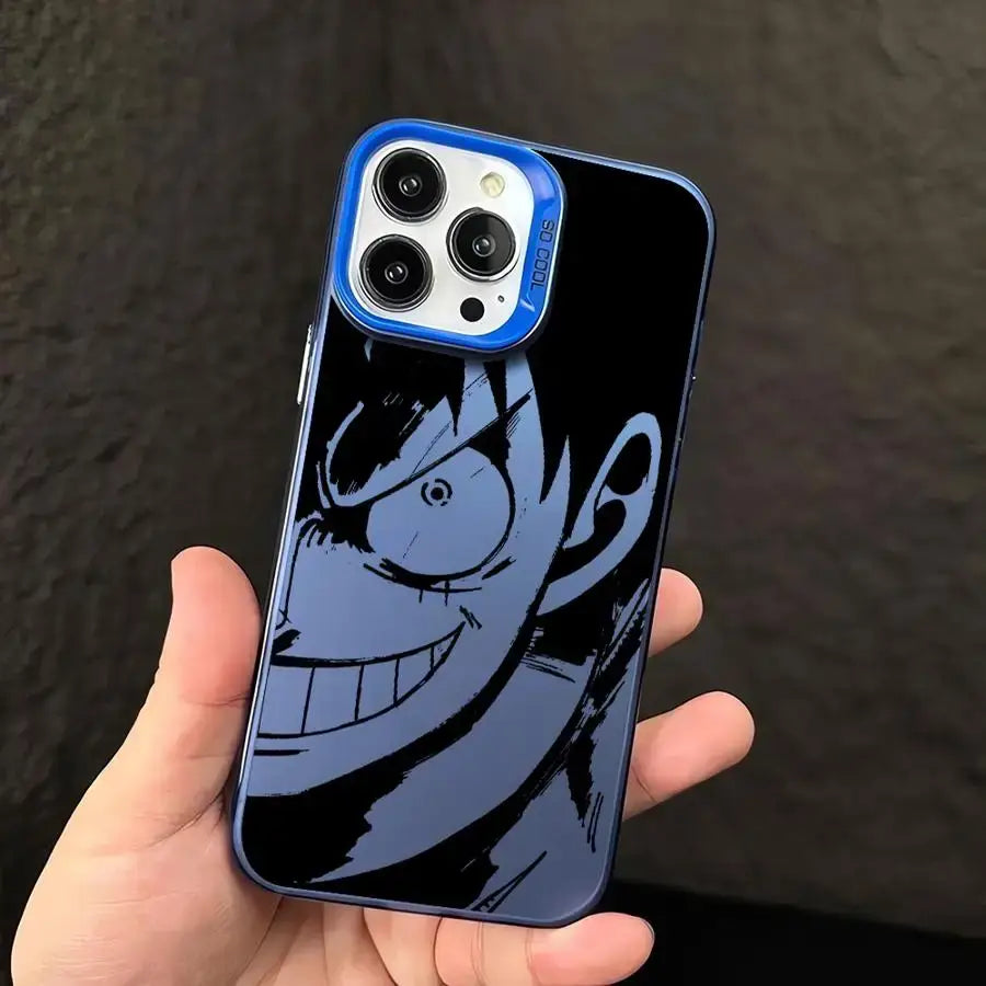 Blue-framed piece luffy silicone phone case featuring black and blue stylized illustration on shockproof shell back side