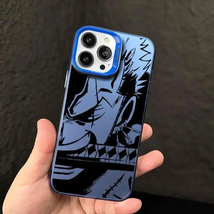 Blue piece luffy silicone phone case with black and white anime style illustration on shockproof shell back side