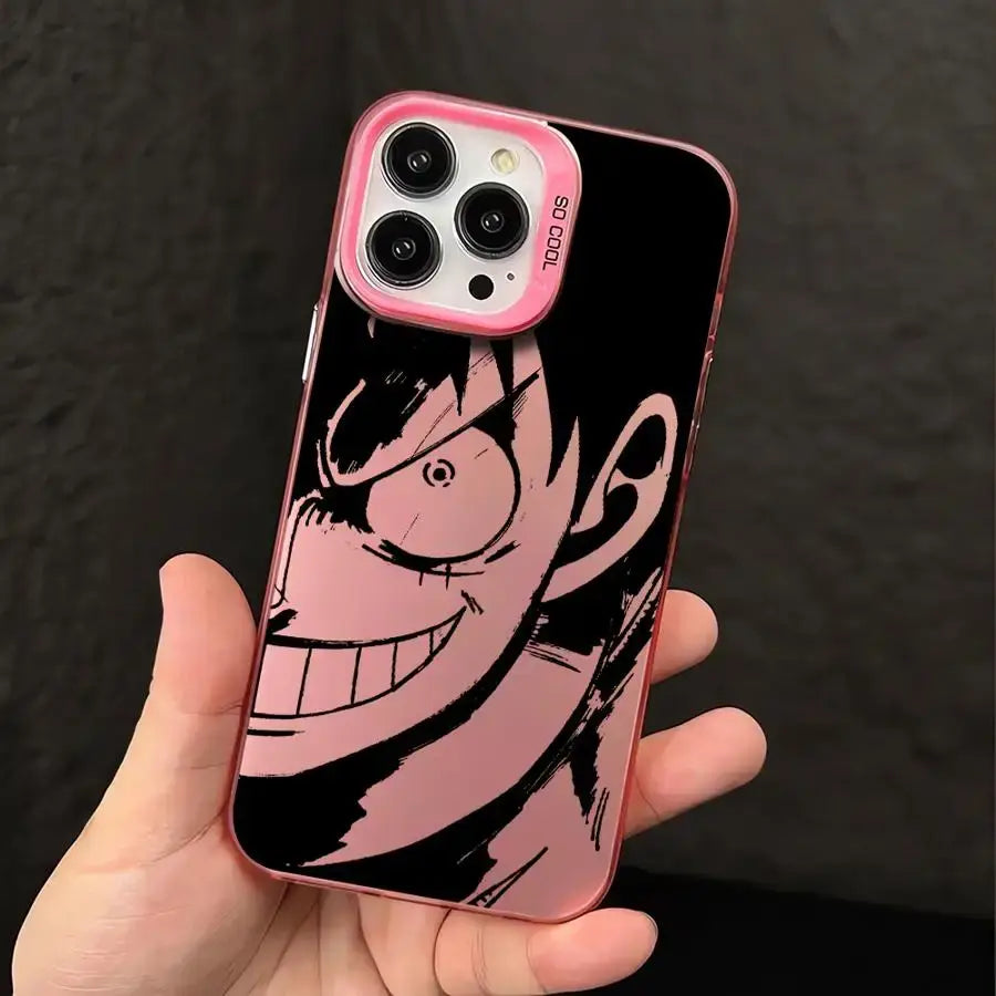 Pink and black one piece luffy silicone phone case with stylized portrait design shown from the back side