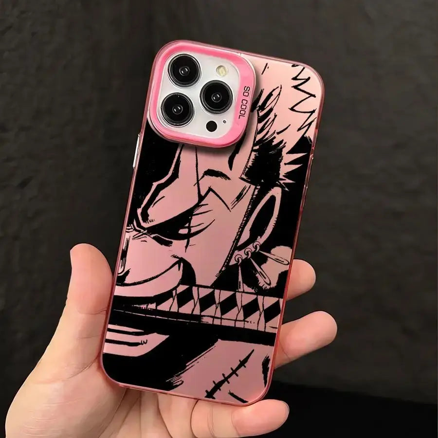 Pink and black one piece luffy silicone phone case featuring bold stylized character design shockproof shell back view