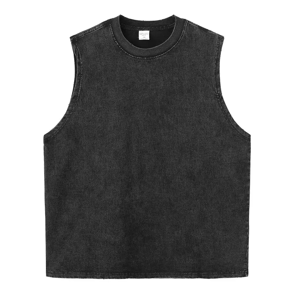 Black sleeveless denim top with round neckline and faded distressed texture in y2k washed casual style