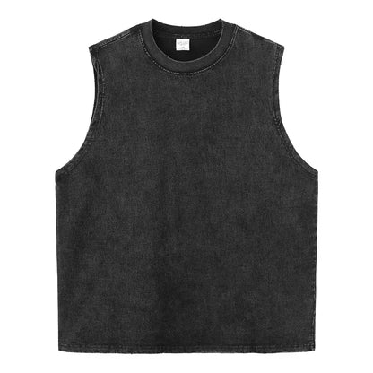 Black sleeveless denim top with round neckline and faded distressed texture in y2k washed casual style