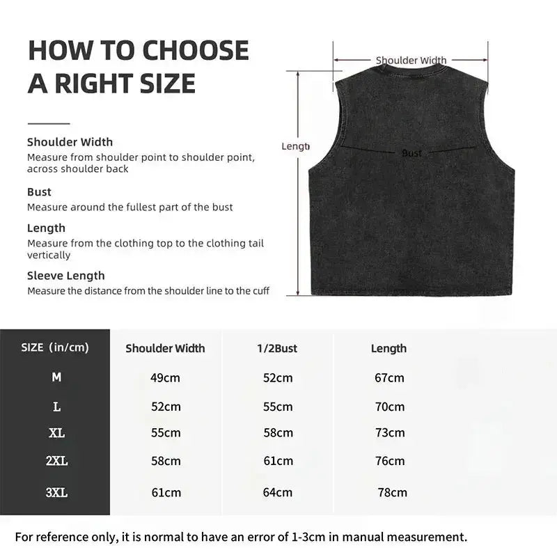 Black sleeveless one piece luffy vest with size chart and measurement guide for y2k washed casual streetwear