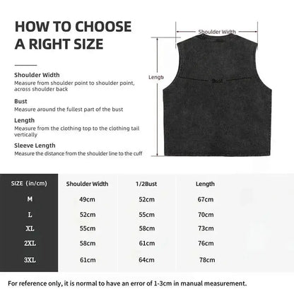 Black sleeveless one piece luffy vest with size chart and measurement guide for y2k washed casual streetwear