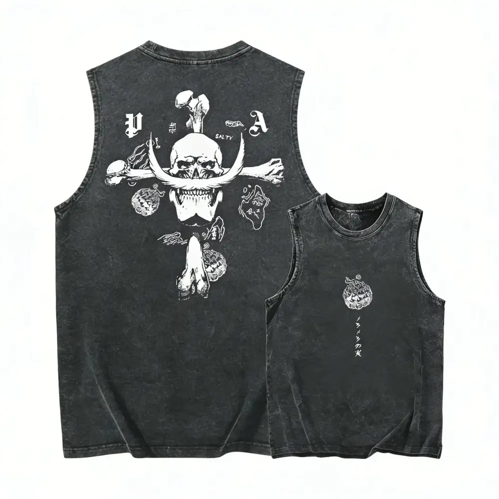 Black distressed sleeveless tank top featuring bold white skull and crossbones graphic in y2k washed casual style