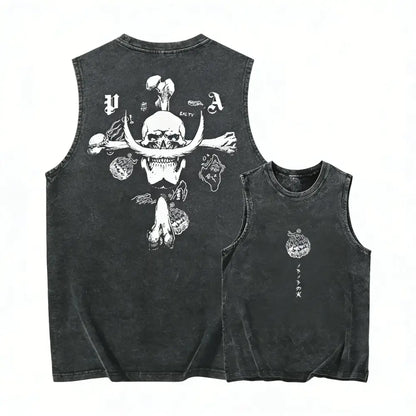 Black distressed sleeveless tank top featuring bold white skull and crossbones graphic in y2k washed casual style