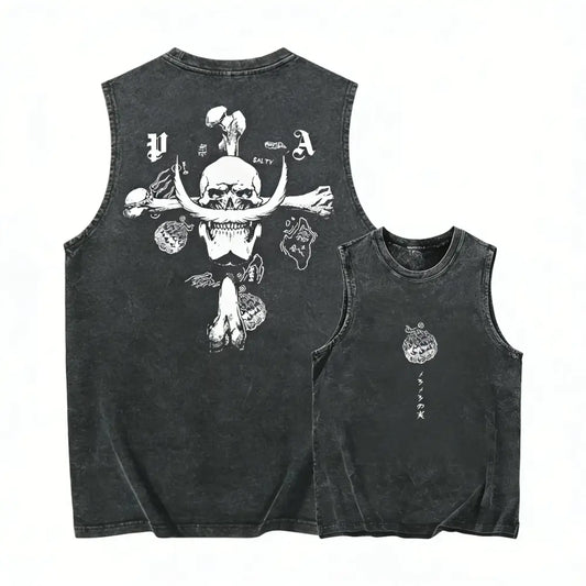 Black distressed sleeveless tank top featuring bold white skull and crossbones graphic in y2k washed casual style