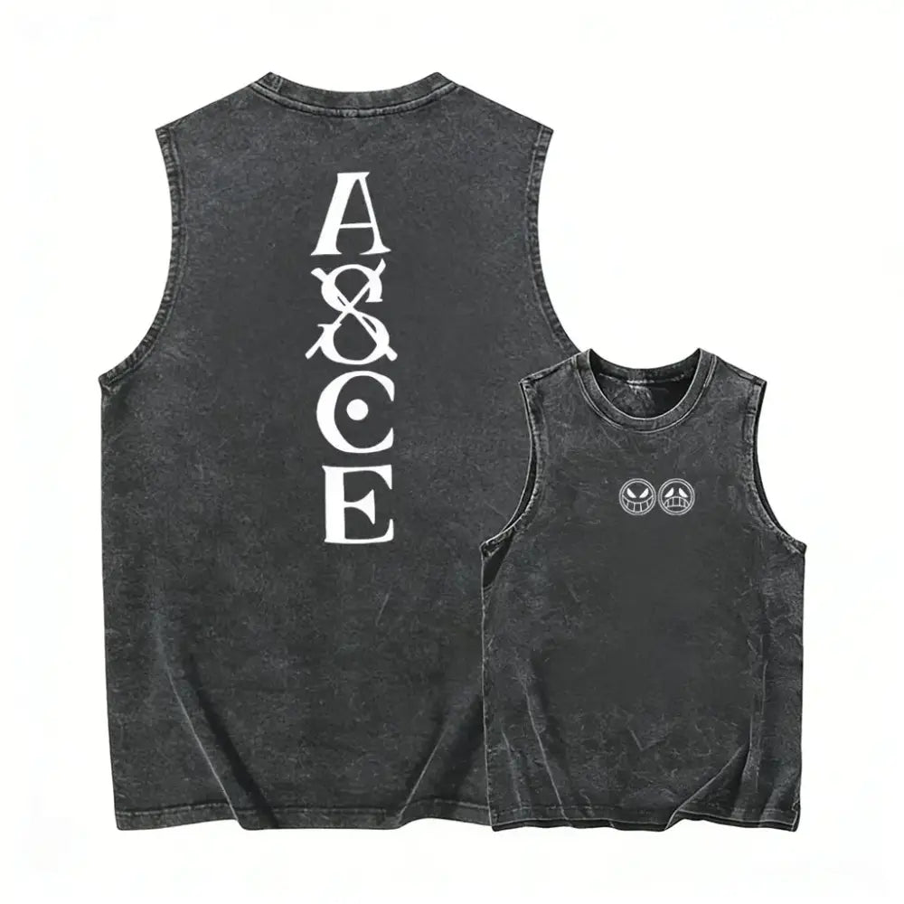 Black distressed sleeveless tank top with white ace lettering on back and two circular logos on front washed casual y2k style