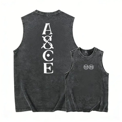 Black distressed sleeveless tank top with white ace lettering on back and two circular logos on front washed casual y2k style