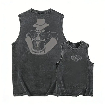 Dark gray distressed one piece luffy sleeveless vest showing back with faded skull graphic y2k washed casual streetwear
