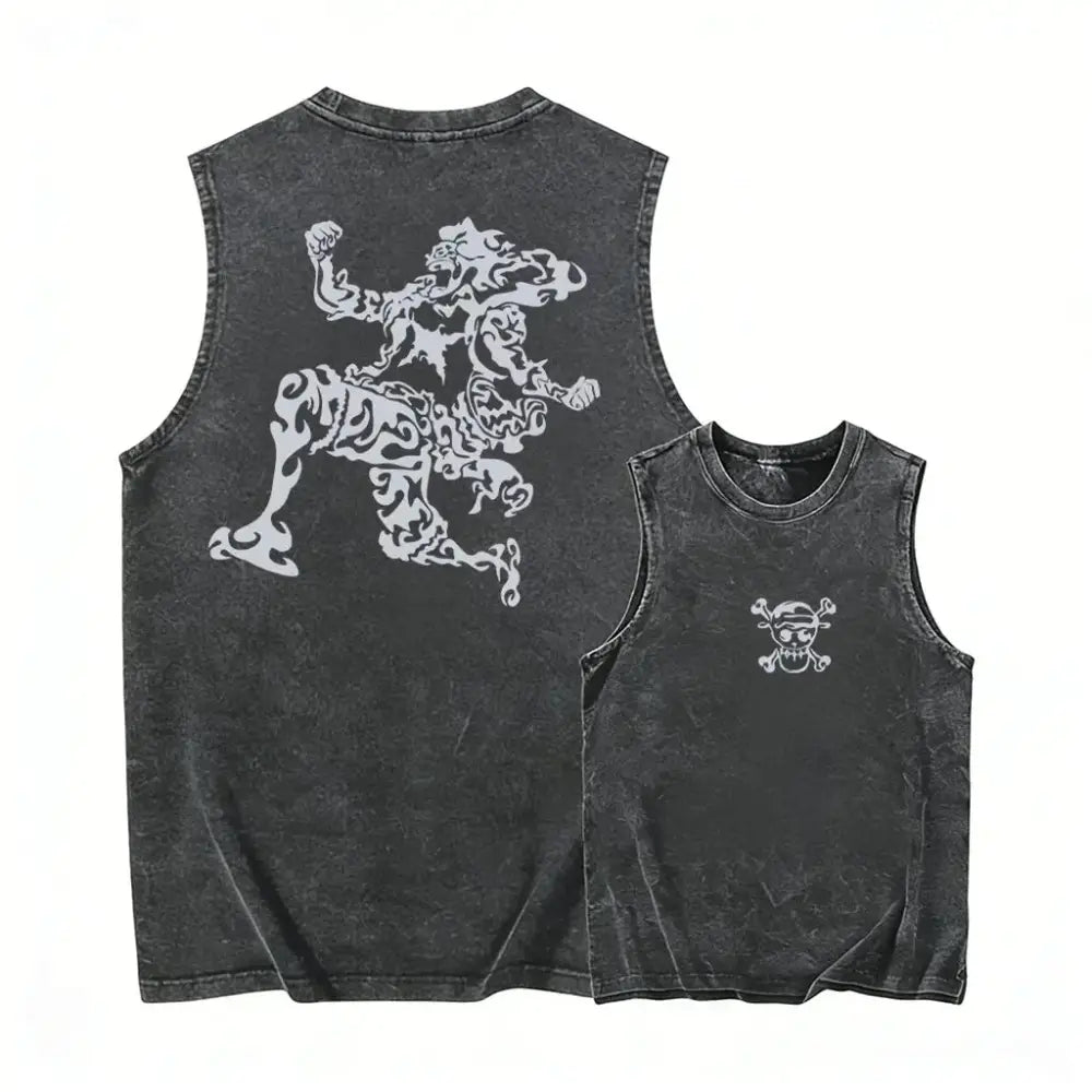 Black distressed y2k sleeveless tank top with white tribal lion graphic on back and small skull emblem front washed casual streetwear