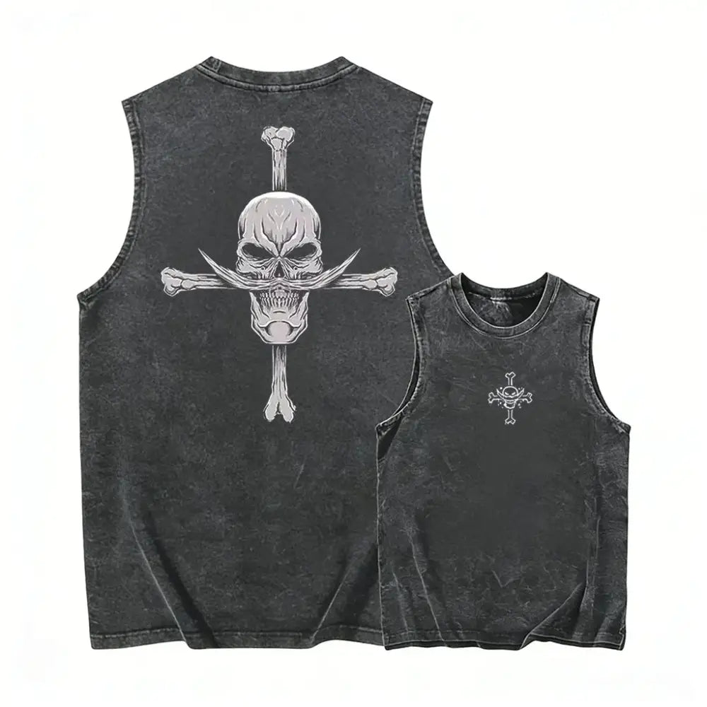 Black distressed sleeveless tank top featuring white skull and crossbones graphic y2k washed casual streetwear vest