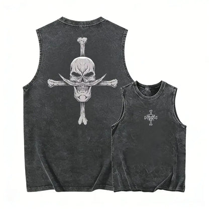 Black distressed sleeveless tank top featuring white skull and crossbones graphic y2k washed casual streetwear vest