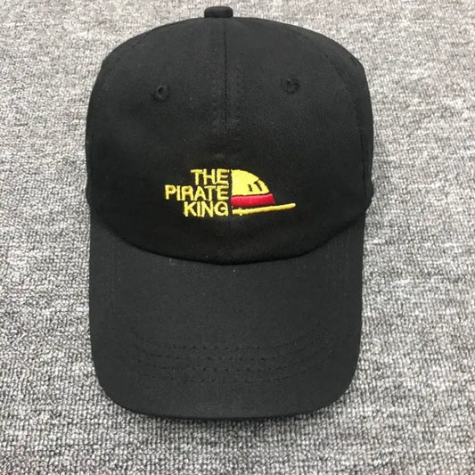 Black one piece luffy snapback cap with flat-brim snapback and embroidered the pirate king logo in yellow and red thread