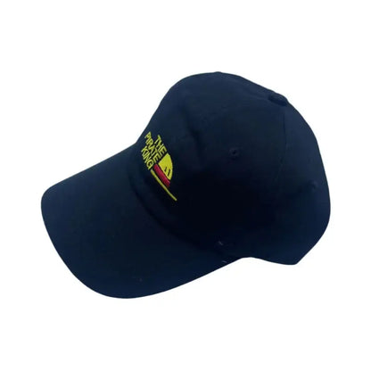Dark navy one piece luffy snapback cap with embroidered the pirate king logo and yellow red sailboat flat-brim snapback