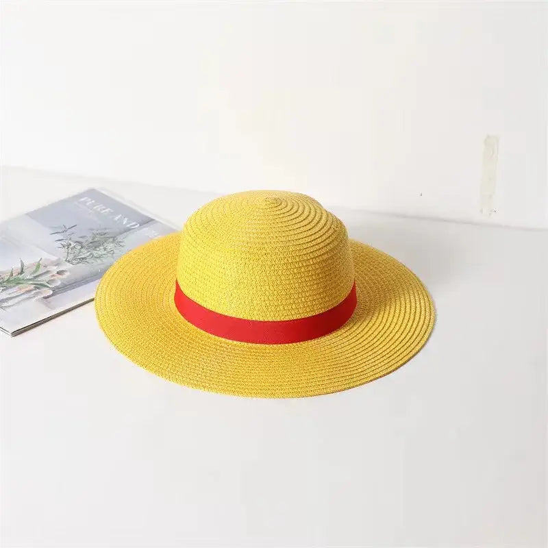 Bright yellow straw hat with bold red ribbon band one piece luffy straw hat for kids and adults