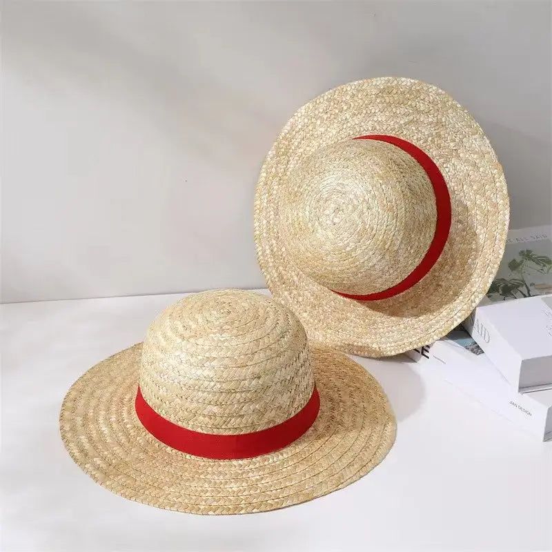 Beige straw hat with a vibrant red ribbon band one piece luffy straw hat for kids and adult sizes