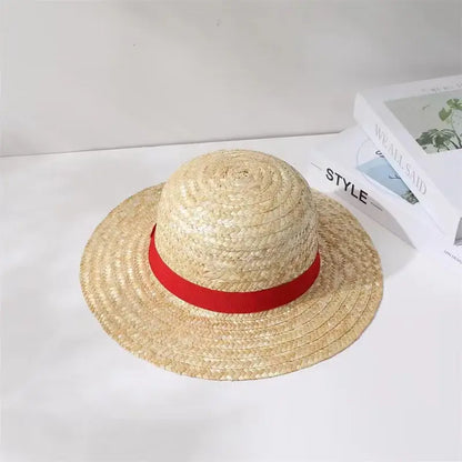 One piece luffy straw hat with wide brim straw hat in natural straw color and red ribbon band for kids and adults