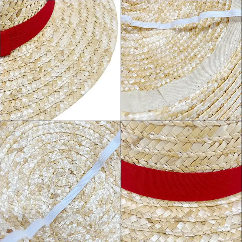 Woven straw hat with a bright red ribbon band one piece luffy straw hat available in kids and adult sizes