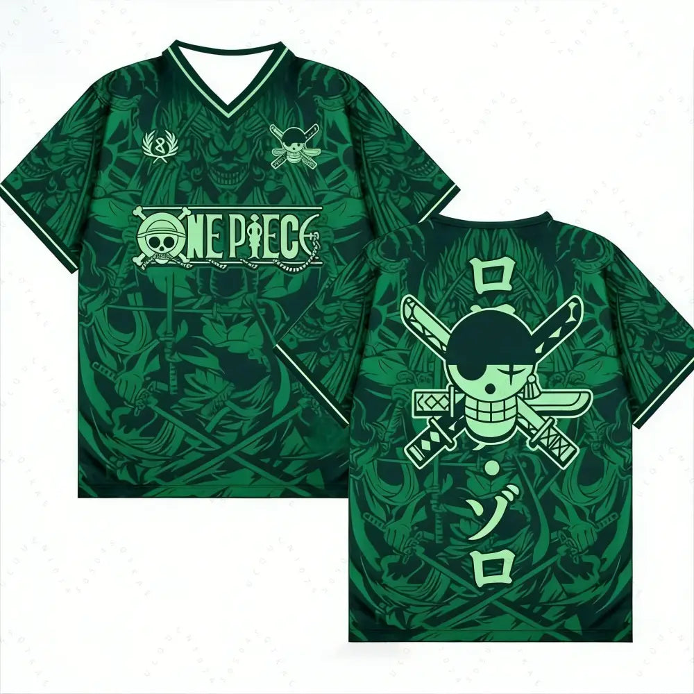 Dark green one piece v-neck jersey with glowing lime green straw hat pirates and zoro swords in korean style vintage retro t-shirt series