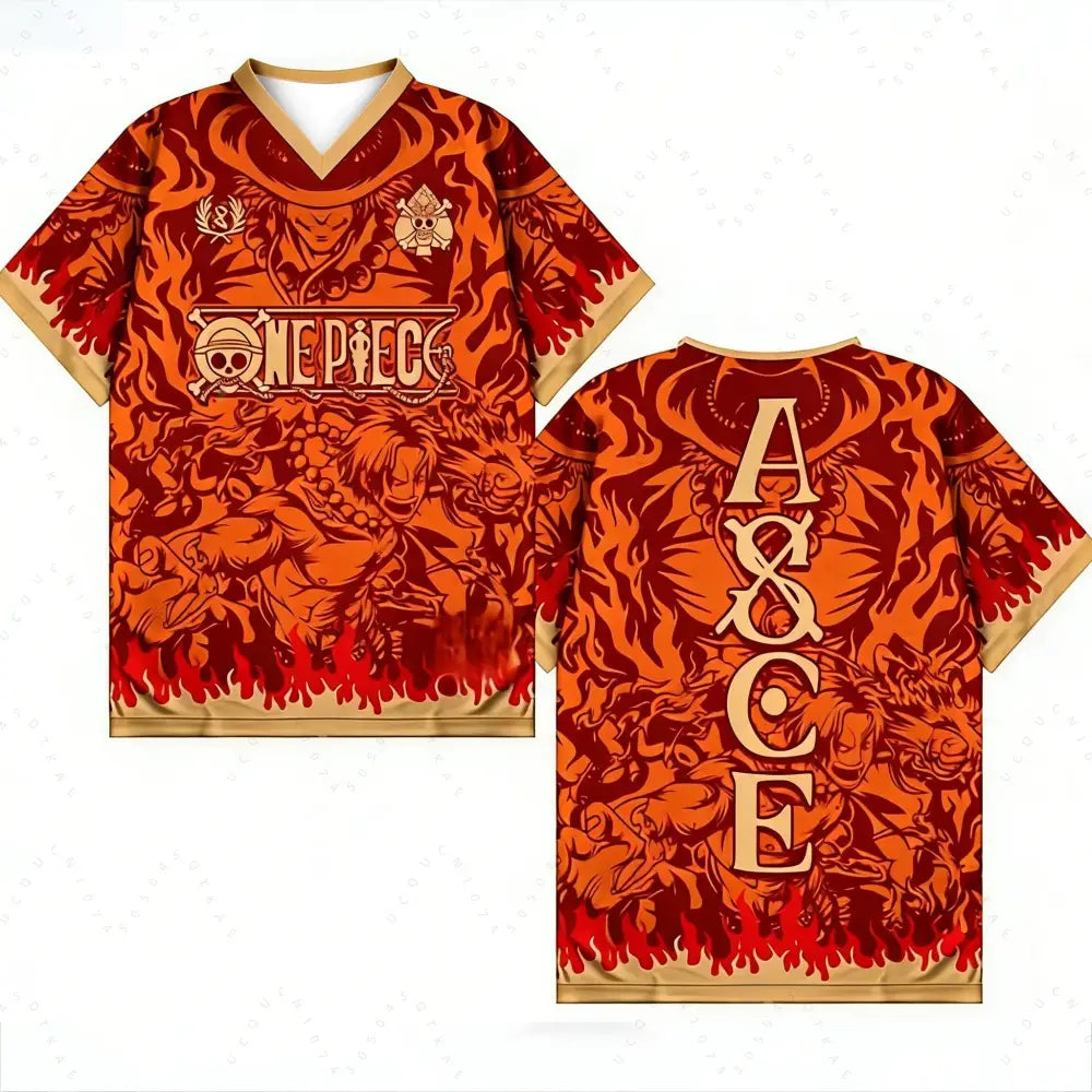 V-neck short-sleeved one piece jersey with fiery orange flame design and ace lettering on back in vintage retro style