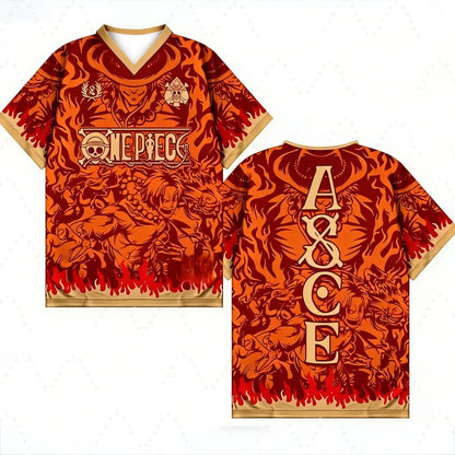 V-neck short-sleeved one piece jersey with fiery orange flame design and ace lettering on back in vintage retro style