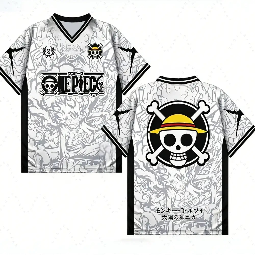 White and black korean style one piece luffy vintage retro t-shirt series with detailed character print and straw hat logo on back