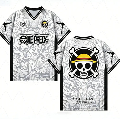 White and black korean style one piece luffy vintage retro t-shirt series with detailed character print and straw hat logo on back
