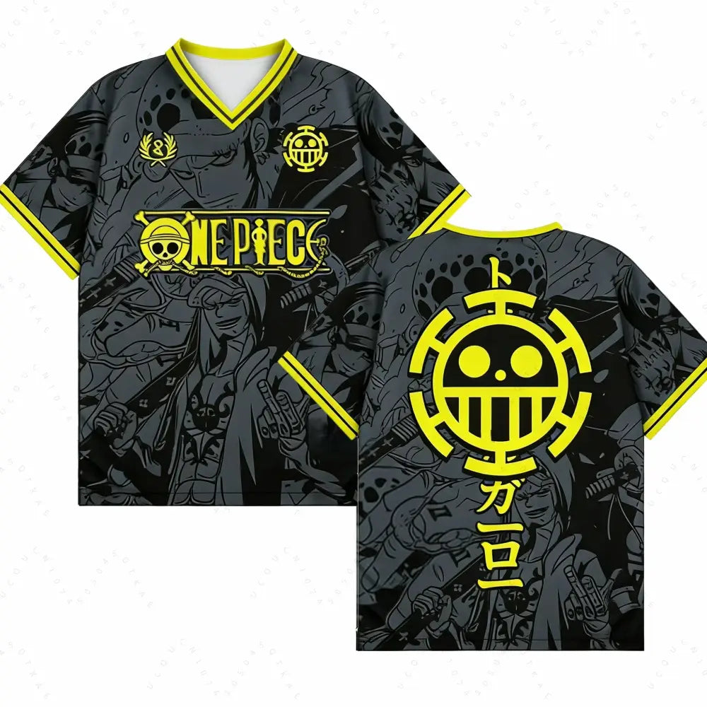 Black and yellow one piece vintage retro t-shirt series with detailed anime graphics in korean style full print design