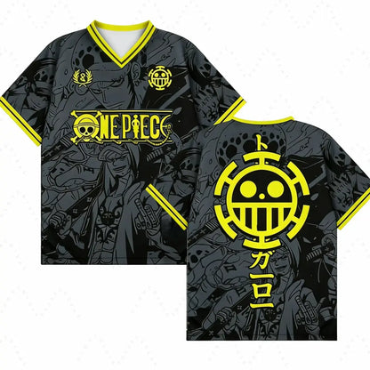 Black and yellow one piece vintage retro t-shirt series with detailed anime graphics in korean style full print design