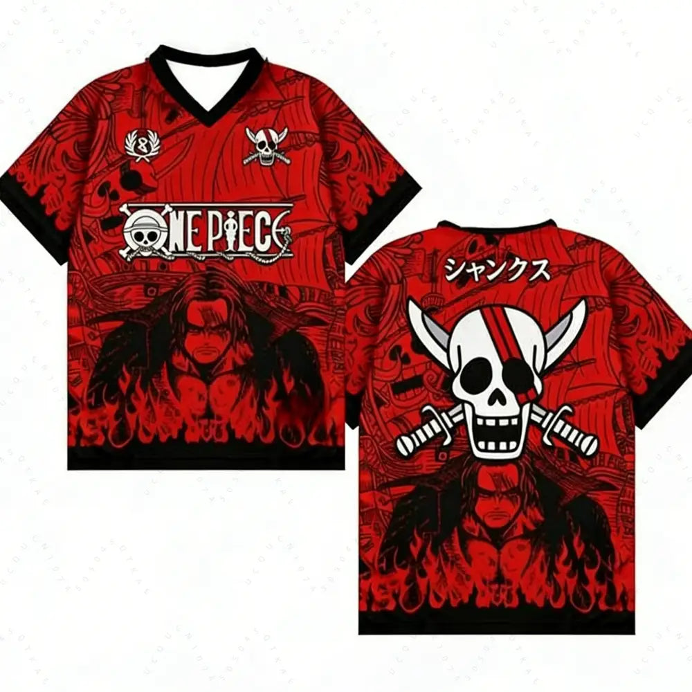Back view of red and black one piece luffy vintage retro t-shirt series with crossed swords graphic in korean style