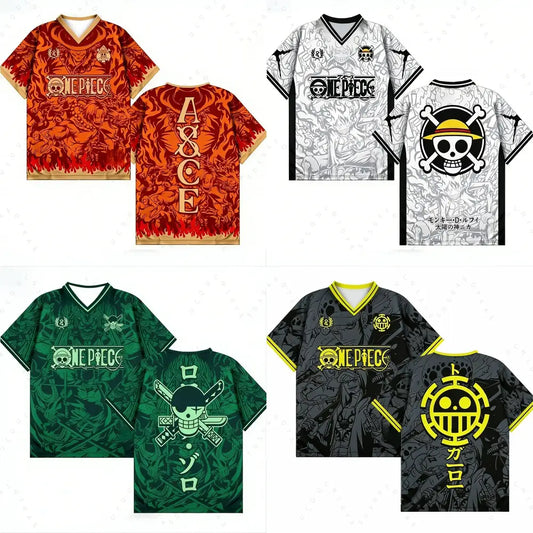One piece luffy vintage retro t-shirt series with vibrant orange, white, green, and black v-neck korean style jersey designs
