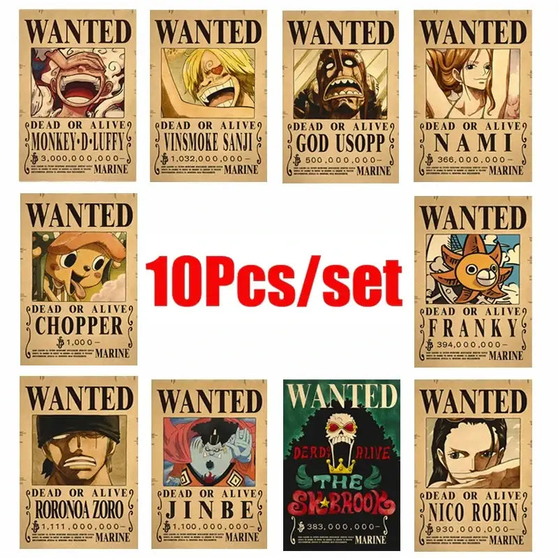 One piece luffy wanted vintage poster set of ten printed on aged parchment with black ink detailing vintage poster set
